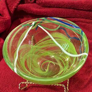 VTG Kosta Boda Art Glass Bowl-Blue/Lime Green Colorwave-6.25" D-Anna Ehrner-EUC